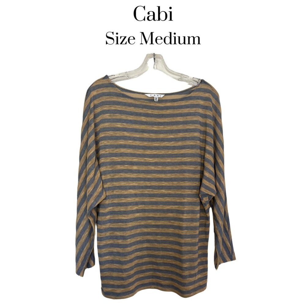Cabi women's striped bat wing pullover lightweight shirt tan & gray size medium